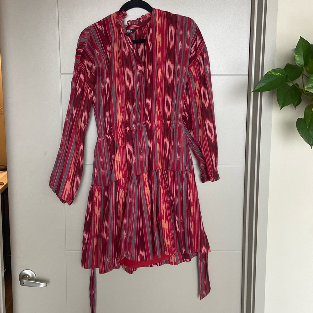 Ralph Lauren Vibrant Red and Gray Patterned Midi Dress